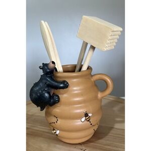 Honour Black Bear Honey Beehive Kitchen Utensil Holder Vase 6"